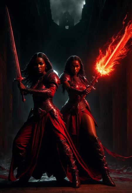 The image shows two female warriors in a dark and eerie setting. The warrior on the left is holding a large sword with a red flame coming out of it while the warrior in the middle is wearing a red and black outfit with a helmet and armor. Both warriors have long dark hair and are holding swords in their hands. The background is dark and ominous with a hint of a cityscape visible in the distance. The overall mood of the image is intense and powerful., dark-skinned male, earrings,  Hyperdetailed.