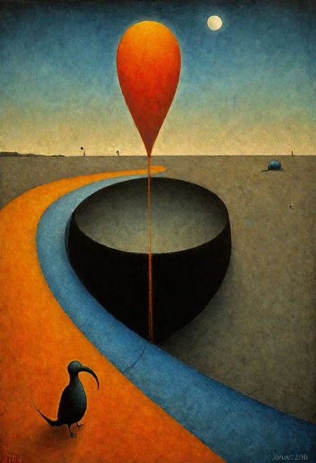 Style by Pawel Kuczynski and Joan Miro and Graham Sutherland, surreal abstract art, nightmare residue of dark shine, abstract shy ibis paradoxes, depth of field, red, orange and blue color palette, unsettling, asymmetric abstractions, expansive, surreal masterpiece, juxtaposition of the uncanny and the banal, sharp focus, smooth, never seen before