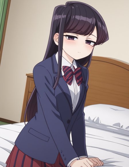 score_9, score_8_up, score_7_up, source_anime,
shoukokomi, <lora:shouko-komi-s1s2-ponyxl-lora-nochekaiser:1>,
shouko komi, long hair, bangs, black hair, black eyes, half-closed eyes,
skirt, shirt, long sleeves, bow, school uniform, jacket, white shirt, pantyhose, pleated skirt, striped, collared shirt, bowtie, red skirt, blazer, blue jacket, striped bow, striped bowtie,
indoors, bed, bed room, on side, blush, drunk,
looking at viewer, cowboy shot, dutch angle, solo,