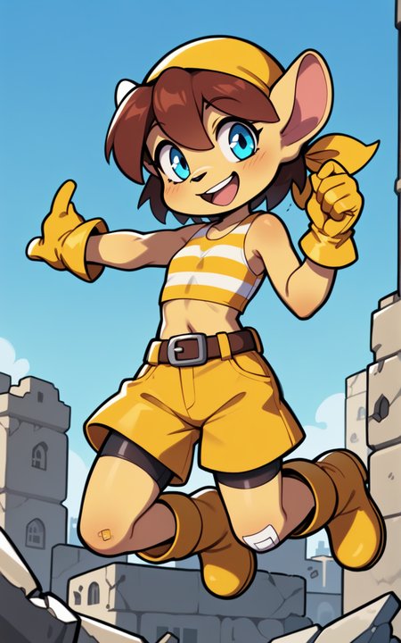 best quality, absurdres, <lora:BolivanteStyleITS:0.8>,  <lora:FPTCITS:0.8>, FPTCITS,striped crop top, yellow crop top, crop top, sleeveless, bike shorts under shorts, furry, furry female, bandana, yellow bandana, tail, animal ears, gloves, shorts, belt, blue eyes, short hair, brown hair, boots, midriff, yellow footwear, yellow gloves,flat chest, yellow shorts, city, medieval, smile, jumping, bandaid on knee, rubble