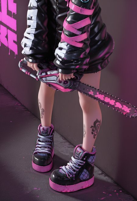 masterpiece, best quality,   (zzH0ld, shoes, black footwear, tattoo, sneakers, pink footwear), zzH0ld, illuminated by neon blue and pink lights, cyberpunk cityscape in the background, sleek augmented tattoos glowing beneath their skin, metallic spikes on their jacket, holographic jewelry shimmering, circuitry-styled leg tattoo pulsing, futuristic high-tech aesthetic, cold mechanical stare   skinny, petite, 1girl, standing, from above, (foot focus:1.2),  one leg up, foot on bench, (platform footwear:1.2), (from side:0.8), (tattoos),  ,<lora:HoldXcute_IXL:1.0>,