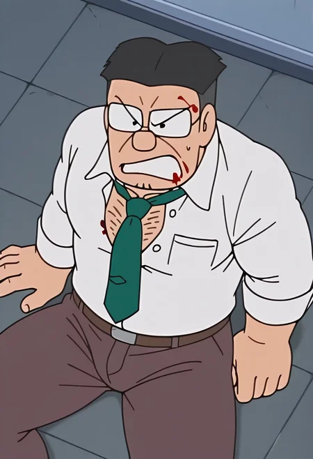 1boy, torn clothes, unbuttoned, large pectorals, chest hair, on ground, getting up, hand on ground, blood on clothes, blood on face, angry, from above, thick thighs, 
BREAK
senseiofnobita, mature male, glasses, black hair,
BREAK
green necktie, white shirt, brown pants,
BREAK
best quality, masterpiece, very aesthetic, absurdres, highest detailed, very awa, newest, lineart, <lora:Sensei_from_late_Doraemon_Åyama_edition_v0.1:1>