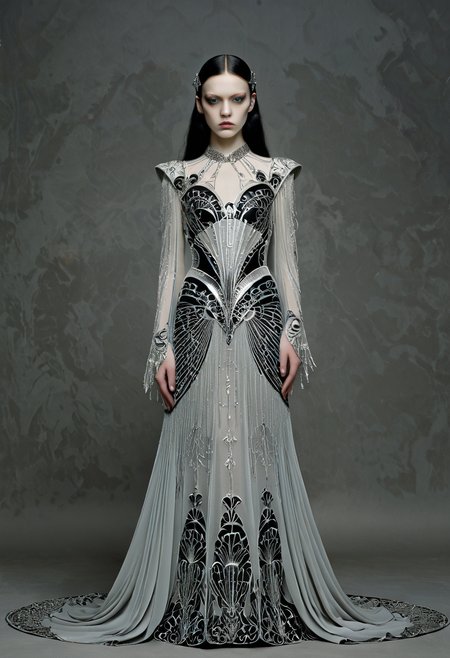 Gothic style <lora:Princess-OC_v2-000005:1>,Ada Gladys Killins,1girl,<lora:Alexander McQueen-art deco:1>,Alexander McQueen art deco, . Dark, mysterious, haunting, dramatic, ornate, detailed