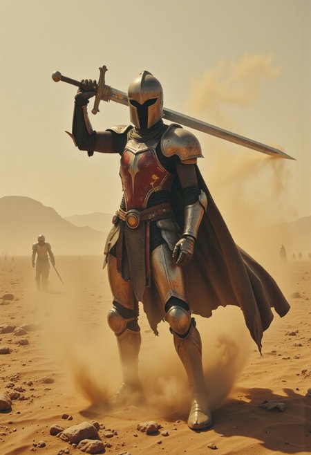 ajchrobo, a edwinabbey1 painting helmet and shoulder Closeup shot of a menacing mechanical knight wielding a giant sword standing amidst a desolate bleaked desert, amidst a fierce thick sandstorm, bad sight, dense atmospheric haze and fog, volumentric backlighting