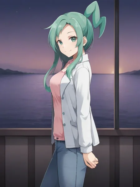 <lora:ORAS_Lisiatsukishiro:0.7>
1girl, solo, luistia, idol, green hair, aqua hair, long hair, asymmetrical hair, green eyes, white jacket, pink shirt, jeans pants, outdoors, night, balcony, sea, from side, looking at viewer, smile