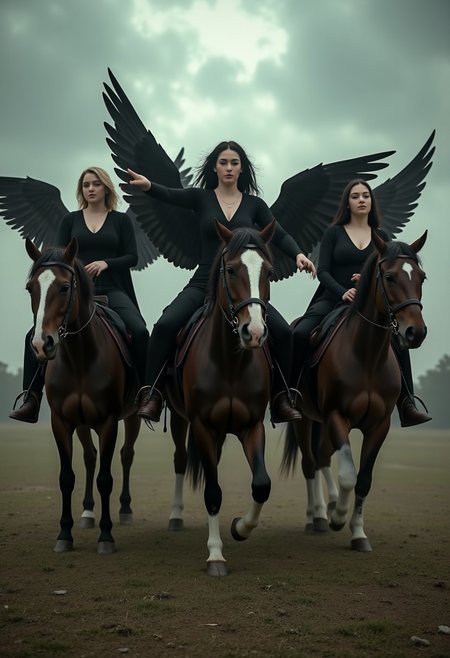 four beautiful women on horses representing the four horsemen of the apocalypse. A dystopian scene as the women ride the horses, dark angelic women,