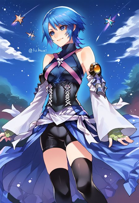 solo, score_9, score_7_up, source_anime, BREAK smile, twisted torso, night sky, shooting star, <lora:Aqua_Kingdom_Hearts:0.9> aqua (kingdom hearts), blue eyes, blue hair, short hair, bare shoulders, halterneck, criss-cross straps, detached sleeves, fingerless gloves, gloves, overskirt, bike shorts under skirt, black thighhighs, <lora:Ban!_(bansankan)_PonyXL_style_v01:1>