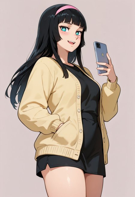 masterpiece,best quality,amazing quality, <lora:erika_daimos_ilxl_goofy:1>    erikadaimos ,black hair,blunt bangs, blue eyes,white pupils, bright pupils, pink hairband, ,long hair, 1girl, :d, alternate costume, black hair, black shirt, blush, cardigan, casual, cellphone, cowboy shot, eyelashes, hand in pocket, hand up, holding, holding phone, looking at viewer, open cardigan, open clothes, open mouth, shirt, sidelocks, simple background, smartphone, smile, solo, thighs, tsurime, yellow cardigan
