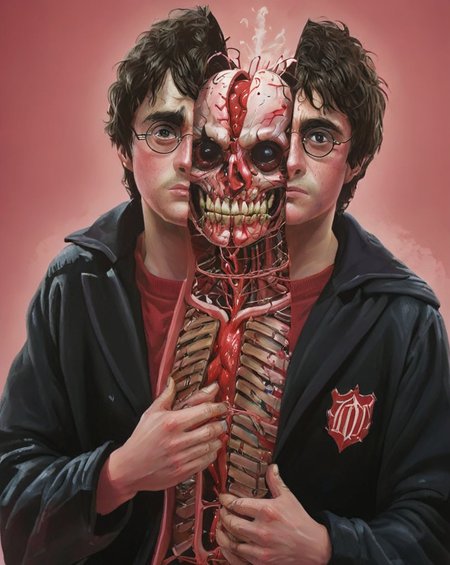 <lora:split2:1> split head and body, split  Harry Potter, inside  The Queen of Hearts