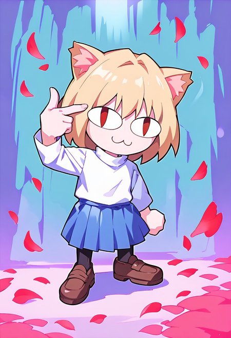 score 7 up, score 8 up, score 9 up, mesterpiece, best qualty, vibrant,
BREAK
necoarc, blonde hair, red eyes, slit pupils, cat ears, :3, chibi, turtleneck, white shirt, blue skirt, pleated skirt, pantyhose, brown footwear,
BREAK
(((finger gun,rose,petals))), dunamic pose, abstract background