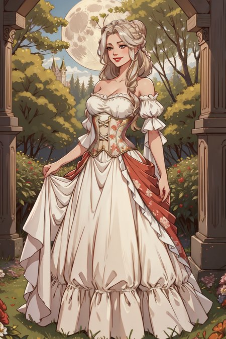 adult, 1girl, long blonde updo hair, full body, smile, makeup, red lipstick, Manifest, Malachite, Weaving, Opalescent luster that displays a shifting play of colors, hud_forest_fairy_dress, white and brown dress, puffy sleeves, cross laced brocade floral corset, silver circlet, bare shoulders, <lora:hud_frst_f_15:0.7>, castle, full moon