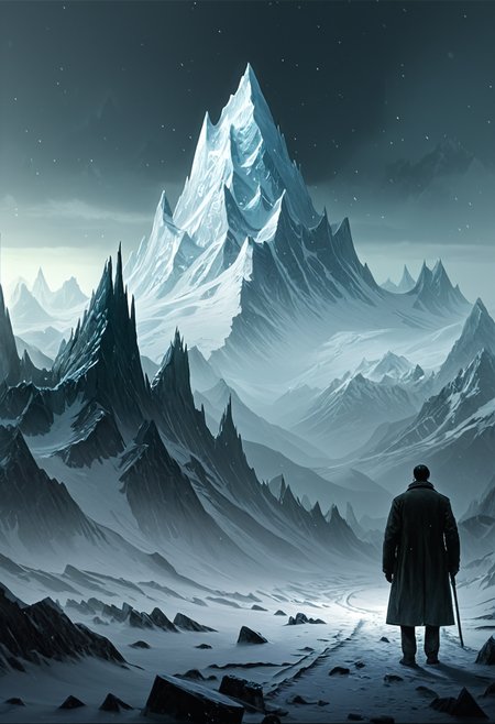 mountain range in the distance, ice covered jagged mountain peaks, eerie atmosphere, lonely weanderer looking into the distance,  at the mountains of madness,  lovecraft horror,  <lora:add-detail-xl:0.85>, <lora:Antique_Photo:1>