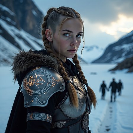 A captivating image emerges, focusing on a vikingpunk warrior-princess with her presence commanding attention in the icy wasteland. Her futuristic viking armor based on traditional viking armor, a seamless fusion of technology and her athletic form, slim-athletic form highlights her strength and agility. The warrior's twin braids with shaved sides, frames her determined expression, while her piercing eyes bore into the viewer. Ancient runes are etched into her battleaxe and armor, crackling with mystical glowing energy. The frozen landscape, a testament to her people's resilience, stretches into the distance, where dark, ominous clouds partially veil the rugged mountainous pass, filling the air with crispness and the promise of lightning. This artwork, with its Nordic and Viking-inspired elements, captures the essence of a powerful futuristic figure, seamlessly blending ancient traditions with futuristic innovations. Beauty, chiaroscuro, play of shadow and light, realistic,   <lora:flux_trainer/moxiePunk_v3>, <lora:flux/Realism 2.safetensors:1.0>,
