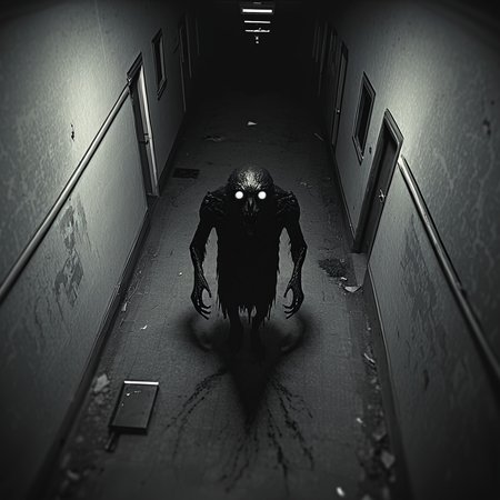 horrorcctvlora, abandoned hallway, horror (theme), monster, monochrome, bird view, looking at viewer