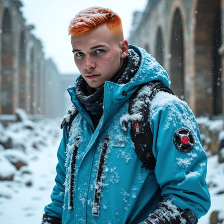 frostpunk style hardened  youngMoxie male (covered in snow, frost, and/or icicles), mature with tangerine buzzcut, bionic_eyes, wearing a electric blue icy windbreaker, snow-traction boots, heating unit, set in  frozen ruins, haunted by the ghosts of the past, their whispers carried on the wind.  ,,   <lora:flux_trainer/frostPunk_v1.1>, <lora:scifi/moxiePunk_v3S.safetensors:1.0>,