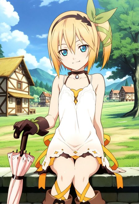 detailed eyes, beautiful, detailed background, perfect eyes,
source_anime, very aesthetic, anime coloring,
<lora:HandFineTuning_XL:1>
BREAK,
village, trees, 
cowboy shot, flat chest,  sitting, smirk,
BREAK,
<lora:edna_illustrious_v01:0.9>
ednabase, short hair, blonde hair, multicolored hair, orange hair, blue eyes, hair between eyes,  bow hairband, hair bow, hair ribbon, side ponytail,
white dress, sleeveless dress,  single glove,
 boots, leg ribbon, umbrella,