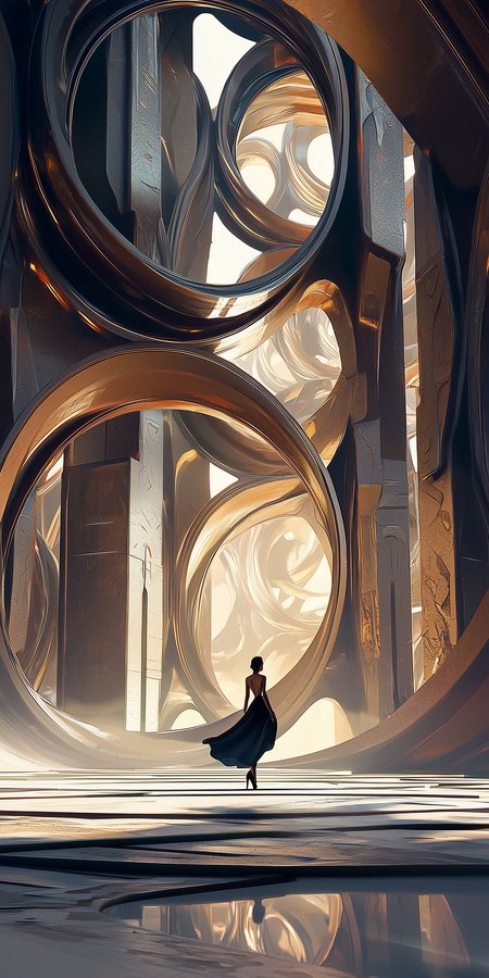 elegant woman, futuristic explorer, flowing high-fashion attire, exploring an alien world, floating monoliths, mysterious energy, surreal atmosphere, dreamlike lighting, intricate alien architecture, glowing glyphs, Remedios Varo inspired, sci-fi fantasy, cinematic composition, ultra-detailed textures, hyper-realistic, ethereal mood, cinematic, rich film texture, high-contrast, deep tonal range, --ar 1:2 --quality 2 --style raw --p --stylize 80