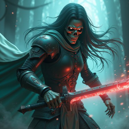 Close-up movie portrait of an extreme evil face with menacing eyes glowing from deep within a dark, skeletal visage, designed in FredFrai style. The face is partially obscured by long, flowing hair that whips and billows in every direction, giving the figure an almost ethereal quality. The character is a skeletal knightess, her gaunt, hollow features shrouded in shadow. Her towering figure is dressed in intricately patterned, battle-worn armor, with engraved symbols of dark lore and ancient power. A neon turquoise and white cape flows behind her, illuminated by a ghostly glow, adding to her otherworldly presence. Her body stands ready for battle, muscles taut beneath the armor as she prepares to strike.
She grips a powerful, thin long sword with intricate engravings, and the focus is on the blade as it cuts through the air. The sword itself emanates a dark, otherworldly energy, trailing a deep black light with every swift motion, creating a visual contrast that suggests an ancient weapon of immense power. Every detail of the sword is finely etched, and its edge glows faintly, as if charged with arcane energy.
The scene is set in a fog-filled, misty night, where the air is thick with tension. The mist swirls around her legs, giving the impression of an apparition, as if the ground itself fears to touch her. The color palette is rich and vibrant, with deep blacks, intense crimson reds, and subtle beige gradients. Behind her, the background fades into a blur of shadowy shapes and swirling fog, leaving the details of the surroundings obscured.
The action is captured in an anime style, with dynamic lighting and motion streaks enhancing the sense of speed and violence. The movement of the knightess is quick and fluid, her sword leaving streaks of darkness in the air as it slices through the mist. The knightess glows with an eerie light, her presence cutting through the surrounding darkness like a beacon of malevolence. The entire image radiates intensity, with a focus on the energy and power that radiate from the knightess and her sword, as if the very night is bending to her will.