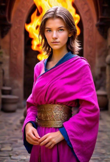 (photo:1.75) (D&D character) tan (19_year_old) (monk/fire sorceress:1.23) (shorter layered hair, light brunette:1.26) (5'8) (130lbs) (28B-23-31 figure:1.24) makeup (sliver/pink attire:1.23) athletic (medium breasts) (blue eyes:1.15) in monastery full body real life realistic HDR