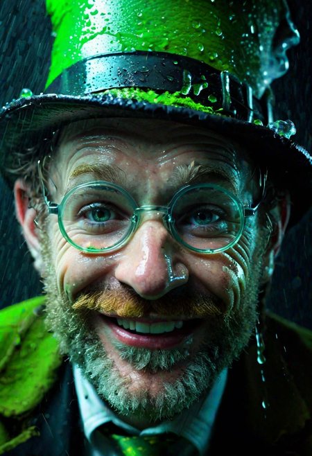 Close-up leprechaun portrait, mischievous grin, weathered skin, neon goggles, rain dripping off a battered hat, high-contrast lighting, film noir atmosphere, smoke swirling