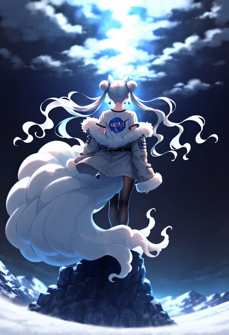 masterpiece, best quality,    zzNinetalesA, 1girl, solo, twin buns, falling strands, white t-shirt, layered fur-trimmed coat, glittering snowflake earrings, leather belt with pouches, wool tights, cliffside overlook, back turned. With her back to the viewer, she stands on the edge of a snow-covered cliff, the world below lost in a sea of drifting clouds. Her coat billows open, revealing the simplicity of her white t-shirt beneath, a stark contrast to the elegance of her fur-lined gear and sparkling accessories that shimmer in the pale morning light.  N4S4,   ,<lora:NASAShirtAnime_IXL_v1:1.0>,   <lora:NinetalesAlolanPokedex_IXL_v1:0.8>,