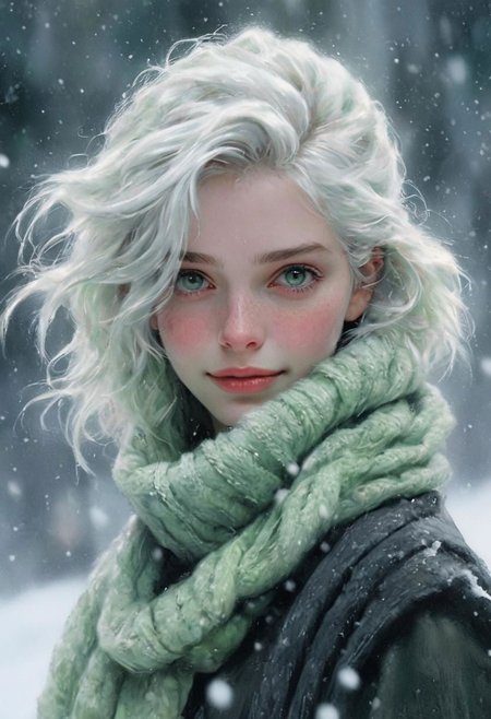 Only eyes visible, Face behind wooly scarf, Petite White haired Woman in snow, Freckles, face Closeup, face Hidden behind Pastell green Striped wooly scarf, only blushed smiling flirting eyes visible
very Detailed, awesome Quality, reflecting, luminescent, translucent, Ethereal, Aura, 80s DARK dystopian Blade Runner Flair, very detailed, uhd, masterpiece, White smoke, light beams through smoke,
