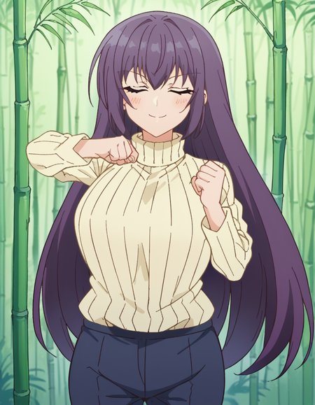 score_9, score_8_up, score_7_up, source_anime, <lora:yutaka-shinozaki-s1-ponyxl-lora-nochekaiser:1>, yutaka shinozaki, long hair, bangs, very long hair, green eyes, purple hair,, large breasts, mature female, long sleeves, pants, sweater, turtleneck, ribbed sweater, turtleneck sweater, blue pants, white sweater, bamboo forest, bamboo, trees, dense, wildlife, , <lora:shikairo-days-dance-ponyxl-lora-nochekaiser:1>, shikairo days dance, shikairo days dance (meme), dancing, meme, closed eyes, clenched hands, glowsticks, blush, smile,, looking at viewer, solo,, dutch angle, cowboy shot