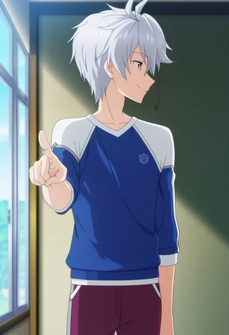 masterpiece, best quality, anime screencap, official style, anime coloring, cowboy shot, 1boy, solo, male focus, <lora:lux_arcadia_ilxl:0.94>, lux_arcadia, grey hair, grey eyes, short hair, hair between eyes, , profile, school, noon, pointing, seductive smile, Athletic sweatpants, Crew neck sweatshirt, , ,