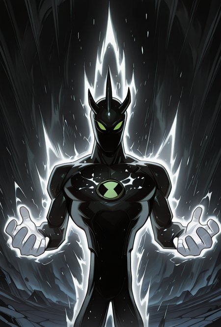 <lora:alienx-09:1> alienx, 1boy, green eyes, horns, matte black skin, upper body, dynamic pose, white hands, wide face, white spots on body,  <lora:superSayianAura_v2_Illustrious_Mlaofmd:1> supersaiyanaura, power, aura, sharp aura, black aura, white aura,, masterpiece, best quality, amazing quality, very aesthetic, absurdres, newest,