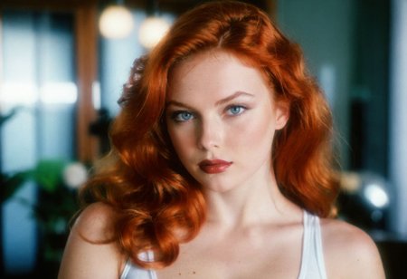 CinematicPortrait, photo, ((analog)), woman, (slavic), ginger, , tank top, ((cleavage, moles)), glossy dark lipstick, hair glow, grey eyes, , looking at viewer, , indoors, , (), ((masterpiece, soft focus, depth of field, film grain)) <lora:VintagePinupSDXL_v3:0.4> <lora:CinematicPortraitXL_v3:0.4>