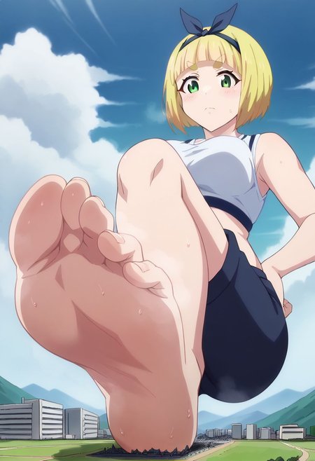 score_9, score_8_up, score_7_up, source_anime, macro, giantess,
1girl, landscape,solo, blush,sky, sweaty feet, feet, destruction, perfect feet, giantess stepping on a tiny city, blue sky, clouds <lora:TeradaOchiko>, steam, stinky, steamy, looking down at viewer, looking, down, barefoot, feet, toes, soles, feet, from below, pov, toes, feet focus, toe scrunch
shushu suruga, short hair, bangs, hair ribbon, hairband, blunt bangs, thick eyebrows, green eyes, yellow hair, sports bra, gym outfit,
