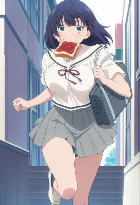 anime coloring, anime screencap, 1girl, medium hair, blue hair, bangs, aqua eyes, mole under mouth, running, toast in mouth, serafuku, short sleeves, grey skirt, school bag, bouncing breasts, outdoors, cirty <lora:Saoko_Andou_hatsukoi:1>, masterpiece, best quality, amazing quality, very aesthetic, absurdres, highres, newest