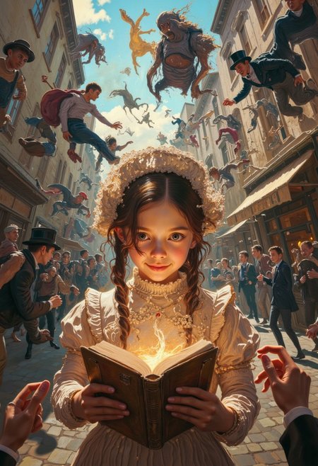 In the centre of this wide-angle professional candid shot, a pretty adolescent girl in frilly short Victorian dress and lace bonnet stands in the middle of paved street, reading a thick old book. The girl's eyes are glowing with enthusiasm, her pouted lips are parted in an enthusiastic smile; the book emits faint, but widespread amber glow. Around the girl, everything that was on the street-gentlemen with top hats and canes, cheeky flower girls, a cab with a horse harnessed to it, street boys, stray dogs, a distraught cat-is slowly rising into the air, turning over, screaming and cursing. The girl sees and hears nothing; the book took up all her attention.