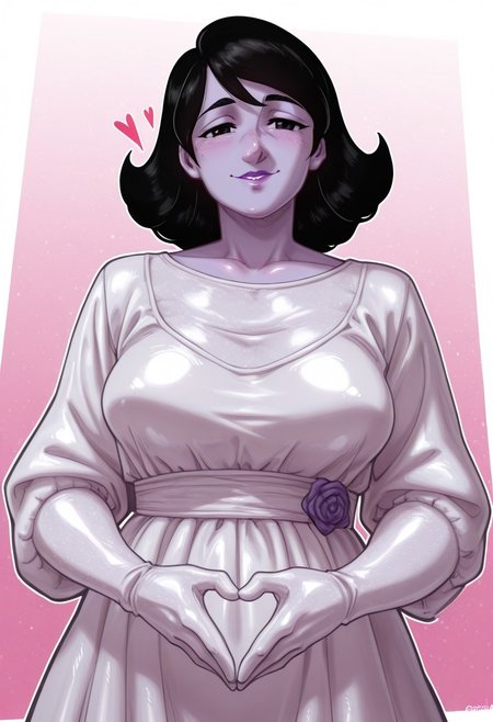 , 1girl, solo, medium build, medium hair, sfw, safe for work, covered skin, flowy dress,  black eyes, purple lipgloss, smiling, portrait, upper body, heart hands, mature female, foreshortening, detailed, newest, shiny skin, cowboy angle, solo focus, medium breasts, gorgo