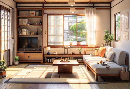 ((front view)), ((Japanese animation style)), modern-style interior, with white walls, (large windows), Nordic-style furniture, a  study, Sofa, coffee table, bookcase, single wall, 
warm light morning sun, (the view of the city)