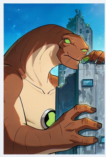 <lora:humungousaur-08:1> humungousaur, dinosaur, 1boy, male focus, solo, green eyes, no humans, brown skin, , green sclera, tail, no pupils, zoomed out view,   <lora:WSSKX_WAI:1>, behind buildings, hiding behind buildings, giant sky scrapers, pushing buildings aside, giant,, masterpiece, best quality, amazing quality, very aesthetic, absurdres, newest,, upper body, halftone effect, white borders, abstract background:1.2,