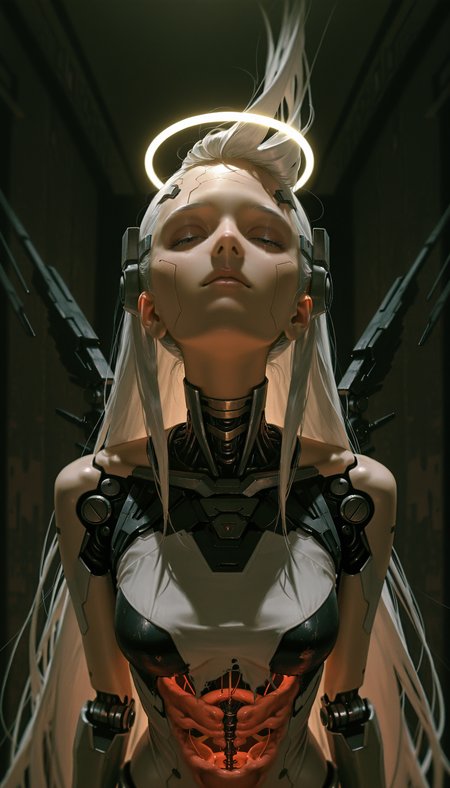 (absurdres, highres, masterpiece, absurdly_hires, best_quality, depth_of_field, cyberpunk, futuristic, science_fiction, biomechanical, mechabare, textured_hair, textured_clothing, skin texture, realistic, blender_\(artwork\), photo-referenced, photo_background)
(dre4mingde4th, fisheye, foreshortening, looking_up, solo, upper_body, cyborg, female, very_long_hair, platinum_hair, mechanical_face, cracked_face, damaged_face, broken_robot, exposed_internal_machinery, robotic_jaw, closed_eyes, glowing_halo, black_wings, cinematic_lighting, detailed_mechanical_design, android, unsettling_beauty, serene, white_skin, dark_background, ethereal, angel, (damaged_face:1.3), (exposed_internal_machinery:1.3), (mechanical_parts:1.2))