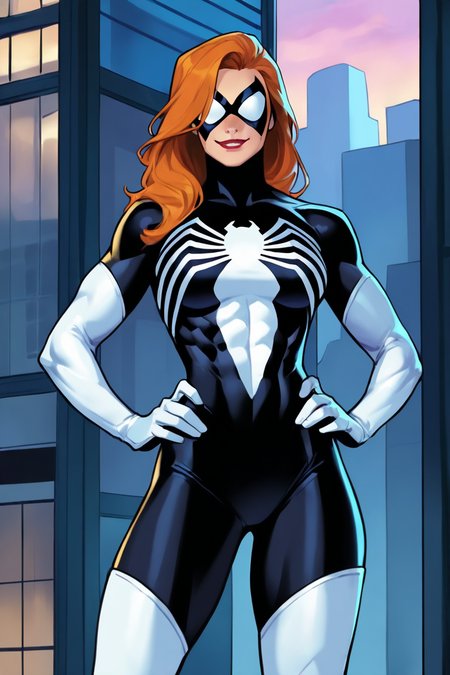masterpiece, best quality, highres, extremely aesthetic, juliacarpenter, 1girl, solo, long hair, orange hair, mask, covered eyes, domino mask, lipstick, medium breasts, muscular female, black bodysuit, multicolored bodysuit, spider print, skin tight, white gloves, elbow gloves, thigh boots, hands on own hip, looking at viewer, smile, standing, cowboy shot, outdoors, city, building <lora:Spider-Woman (Julia Carpenter) v1.0 [LoRA] - NoobAI-XL EPS 1.0:0.8>