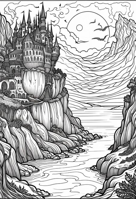 coloring page, line art, style by Edward Lear, fantasy art,  dream world,  eerie atmosphere