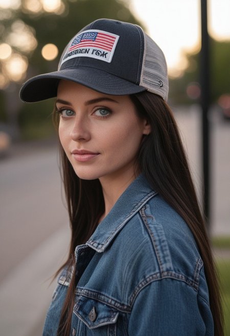 30yo woman holding an American flag.
Blue eyes. perfecteyes 
Wearing Denim jacket trucker hat. 
Long dark black slick back hair. No makeup. Dusk, Street light. Looking at camera POV. Slight smile, tilting head.. Tilt head.
Medium Close Up shot. Bokeh. Bokeh light. semi Blurred background.