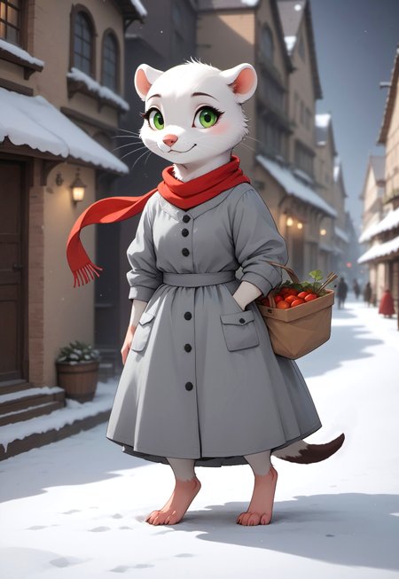 score_9, score_8_up, score_7_up, score_6_up, score_5_up, score_4_up,(((mustelid))), female, (gray winter dress:2), (red scarf:2), cute, (feral), (white fur:2), green eyes, (side view), full body shot, walking, (wall:1.8), (market:1.2), holding basket, (((snow, winter))), (dark background, depth of field, blurry background:2)