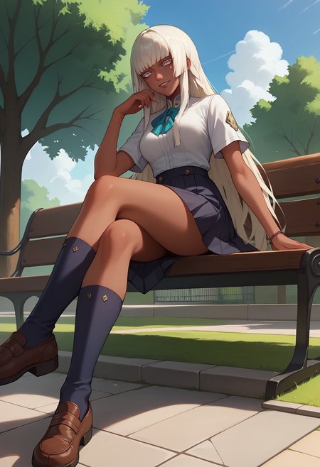 score_9, score_8_up, score_7_up, anime screencap, source_anime, 1girl, solo,
<lora:Brigitta_Metaphor_ReFantazio_V1:.85>, KJObrigitta, white hair, long hair, white eyes, blunt bangs, facial mark, dark-skinned female, 
school uniform, black skirt, short sleeves,
Sitting, bench, crossed legs, smile, parted lips, looking at viewer, from below, 
sunny, park, sidewalk, stone floor, grass, tree, cloudy sky,
(Beautiful, medium Breasts:1.2),