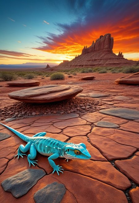 navajo sacred site, blazing sunset, immense sky, clouds storm brewing at the horizon, small polished and shiny turquoise peebles scatered on a grainy and dusty red flat rock, a delicate lizard made out of liquid chrome, running on a red rock formation, dusty and rocky ground, 4k, photorealistic, deep tones,