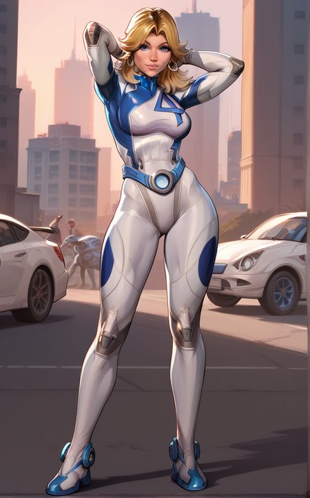 score_9, score_8_up, score_7_up, watson cross, looking at viewer, arms behind head, full body, shadow, halftone background, shoes, depth of field, solo,  <lora:PONYXL_MarvelRivalsSueStorm_ownwaifu:1>, BREAK PONYXL_MarvelRivalsSueStorm_ownwaifu, 1girl, blue belt, blue bodysuit, flipped hair, long legs, narrow waist, number print, skin tight, toned, two-tone bodysuit, white bodysuit, blonde hair, blue eyes, lips, long hair, jewelry, medium breasts, hoop earrings, nose, gloves, large breasts, superhero, earrings, blue gloves, parted bangs, multicolored clothes, bangs, pilot suit, white gloves, multicolored bodysuit, shiny hair, pink lips, thick eyebrows, thick thighs, turtleneck, covered abs, <lora:add-detail-xl:0.15>,