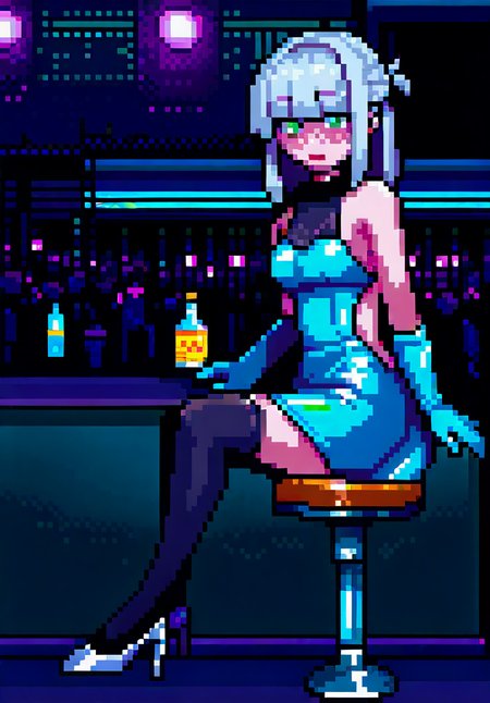 score_9, score_8_up, score_7_up, night club, lamps, night, crowd,nightclub,rave,spotlights,crowded, 1girl, green eyes, slit pupils, white hair, half updo, medium hair, hime cut, medium breasts, skinny, claws, sitting on bar stool, bar counter, front view, looking at viewer, showing panty, skirt up, white lace panty, wisky bottle, drunk, drunked, bubles, holographic, backless dress, short dress, holographic dress, long gloves, black stockings, stiletto shoes, good hands, <lora:Ehohinstyle:1>, ehohin 
 <lora:merged_pixel_base_model_svd:1> <lora:choutenchan_pixel_dotpict:1>