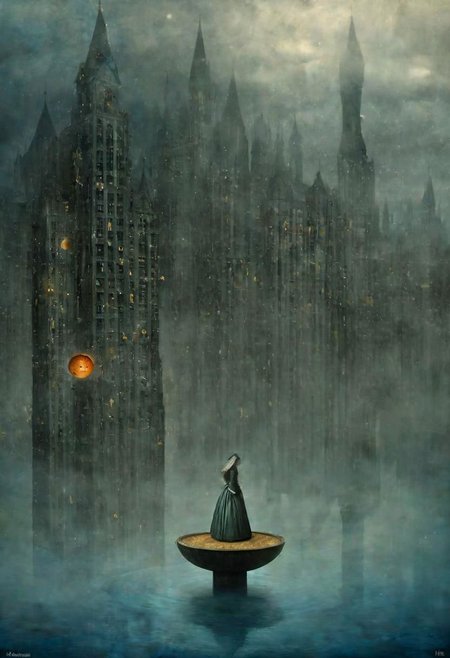 Neo Surrealism, overwhelmed by reason, by Gabriel Pacheco and Max Ernst, existential residues dark shines surrealism, deep blue, gray and orange color scheme, fantasy Victorian art, magical realism bizarre art, pop surrealism, like Alice in wonderland, whimsical art. Climate Change Apocalypse: A submerged cityscape, partially submerged under rising tides, with skyscrapers half-drowned and choked by encroaching waters.