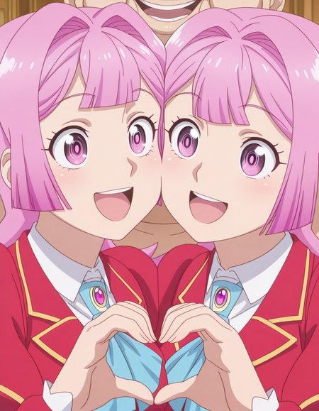 masterpiece, best quality, amazing quality,, <lora:anna-doll-s1-illustriousxl-lora-nochekaiser:1>, anna doll, long hair, pink eyes, pink hair, purple hair, hair intakes, mouth mature female, breasts, anime screencap,, <lora:heart-hands-duo-illustriousxl-lora-nochekaiser:1> heart hands duo, heart hands, heart, heads together, cheek-to-cheek, open mouth, smile, hetero, <lora:faceless-ugly-man-illustriousxl-lora-nochekaiser:1>, faceless ugly man, faceless, ugly man, fat, faceless male, fat, bald, mature male,