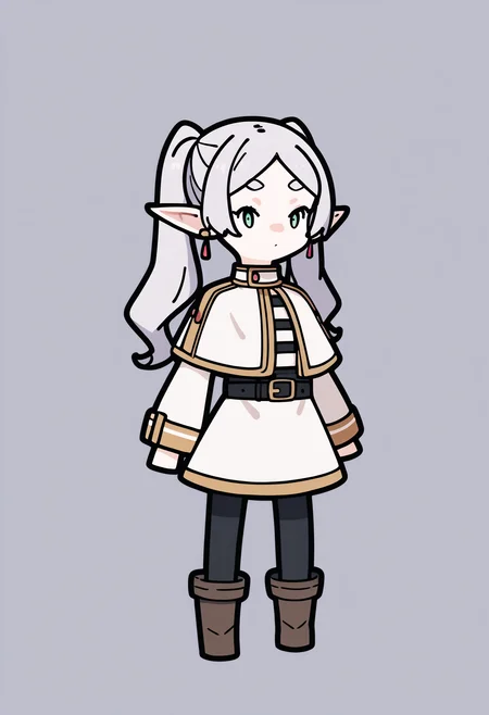 score_9, score_8_up, score_7_up, score_6_up, score_5_up, score_4_up, BREAK
1girl, chibi,
frieren, green eyes, grey hair, twintails, thick eyebrows, pointy ears, white capelet with long sleeves, earrings, black belt, black pantyhose and brown boots,
standing, full body, solo, looking at viewer, simple background, white background    <lora:RabbitAndSteelXLLocon:1>  <lora:FrierenXL:1>