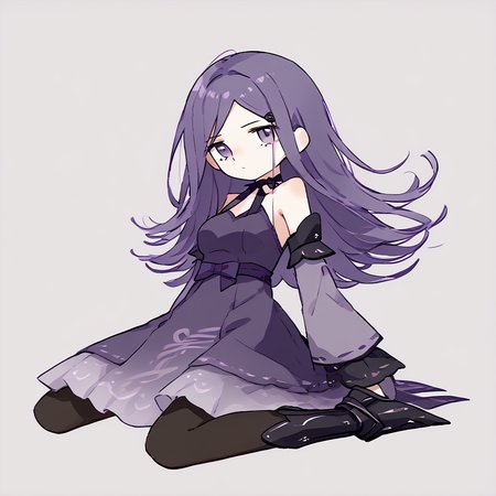 <lora:!:1>,    <lora:threedrakengard:0.8> ThreeDoD, purple hair, purple eyes, medium breasts, long hair, flipped hair, long hair, purple dress, pantyhose, detached sleeves, dress, black pantyhose, armored boots, bare shoulders, ribbon choker