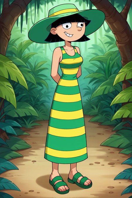 score_9_up,score_8_up,score_7_up,score_6_up,score_5_up,score_4_up BREAK rhonda, 1girl, yellow dress, black hair, smile, short hair, green sandals, striped, blunt bangs, navel, sleeveless, green sun hat, black eyes, green dress, official style,jungle, arms behind back,long dress,teeth,      <lora:RhondaPony:1>